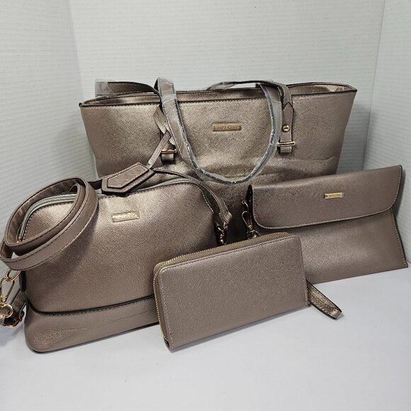 NWT Elim & Paul 4-Pc Set In Metallic Champagne Tote, Crossbody, Cluth & Wallet - Picture 1 of 16